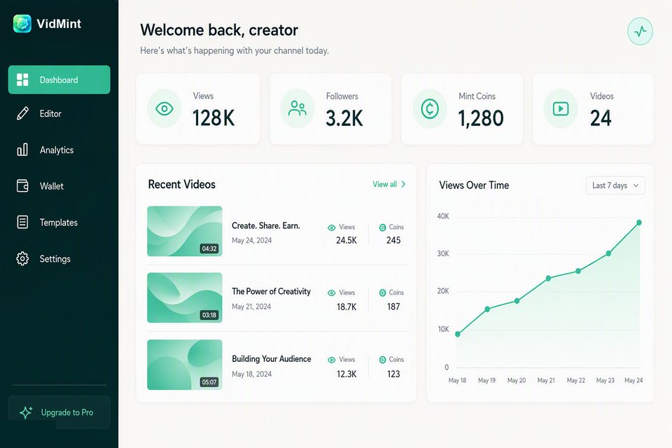 데스크톱 브라우저의 VidMint 웹 크리에이터 대시보드 – 프로젝트, 민트 통계, 초안