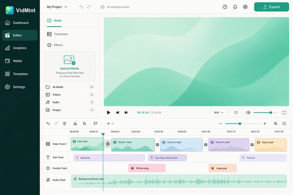 데스크톱의 VidMint 웹 에디터 – 브라우저에서 숏폼 타임라인 편집