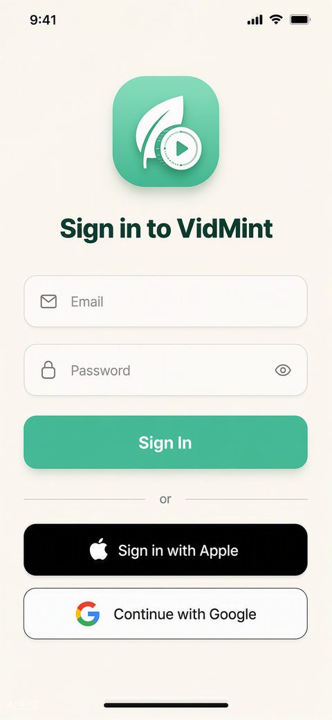 iPhone의 VidMint 로그인 화면